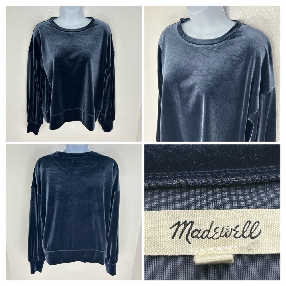 Madewell Velvet Balloon Sleeve Sweatshirt Small Navy Velour Crewneck Pullover